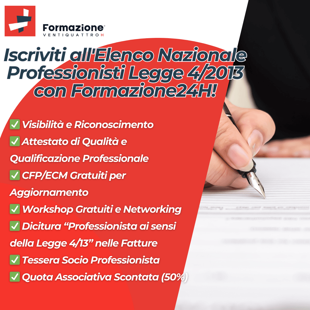 Al momento stai visualizzando Iscrizione all’Elenco Nazionale Professionisti Legge 4/2013: I Vantaggi di Associarsi a Formazione24H